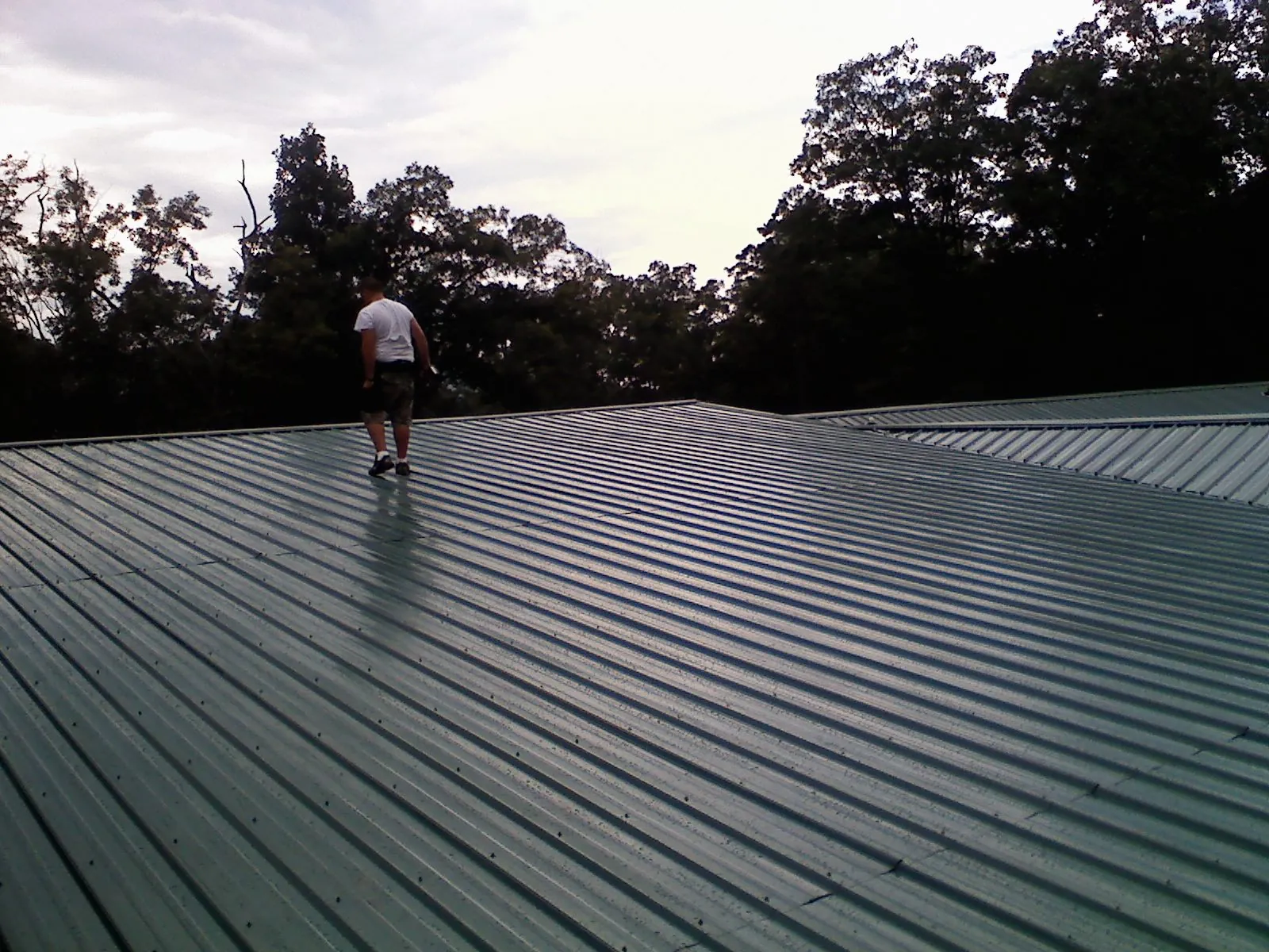 Roofer walking a wide expanse of new green metal roofing in West Sacramento