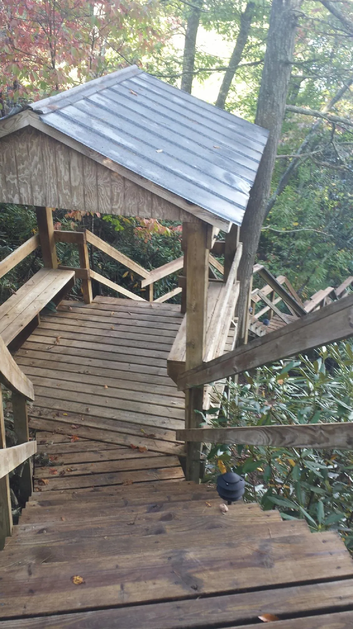 Metal roofed shelter over wooden steps on a wooded walkway — Skylight Repair & Installation work by our crew in West Sacramento